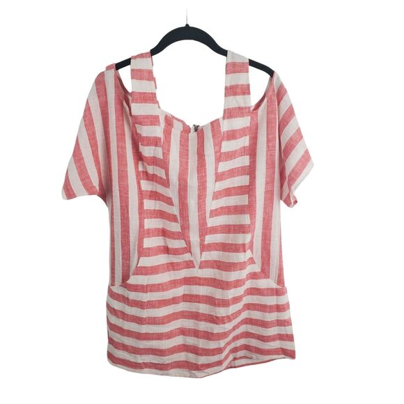 Soft Surroundings Blouse Womens Medium Sunset Striped Cold Shoulder Linen Blend - Picture 2 of 6